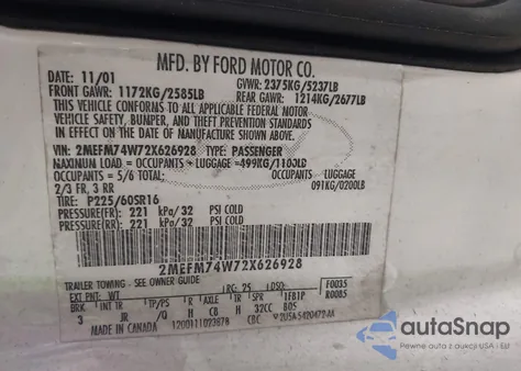 2002 Mercury Grand Marquis Gs from USA, damaged, VIN 2MEFM74W72X626928